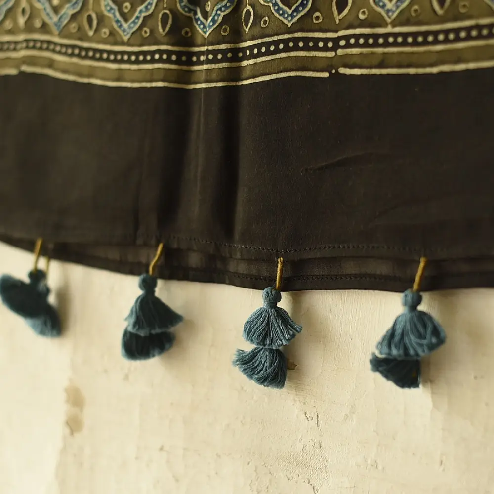 chocolate brown indigo blue ajrakh modal silk dupatta hand block printed floral vine jaal body ornate circular medallion pallu traditional mihrab arched detail wedding festive wear sustainable luxury natural dyed with tassels