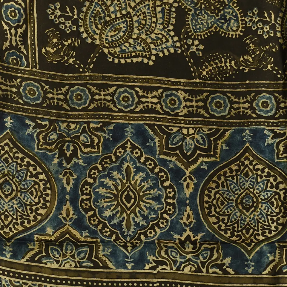 chocolate brown indigo blue ajrakh modal silk dupatta hand block printed floral vine jaal body ornate circular medallion pallu traditional mihrab arched detail wedding festive wear sustainable luxury natural dyed with tassels
