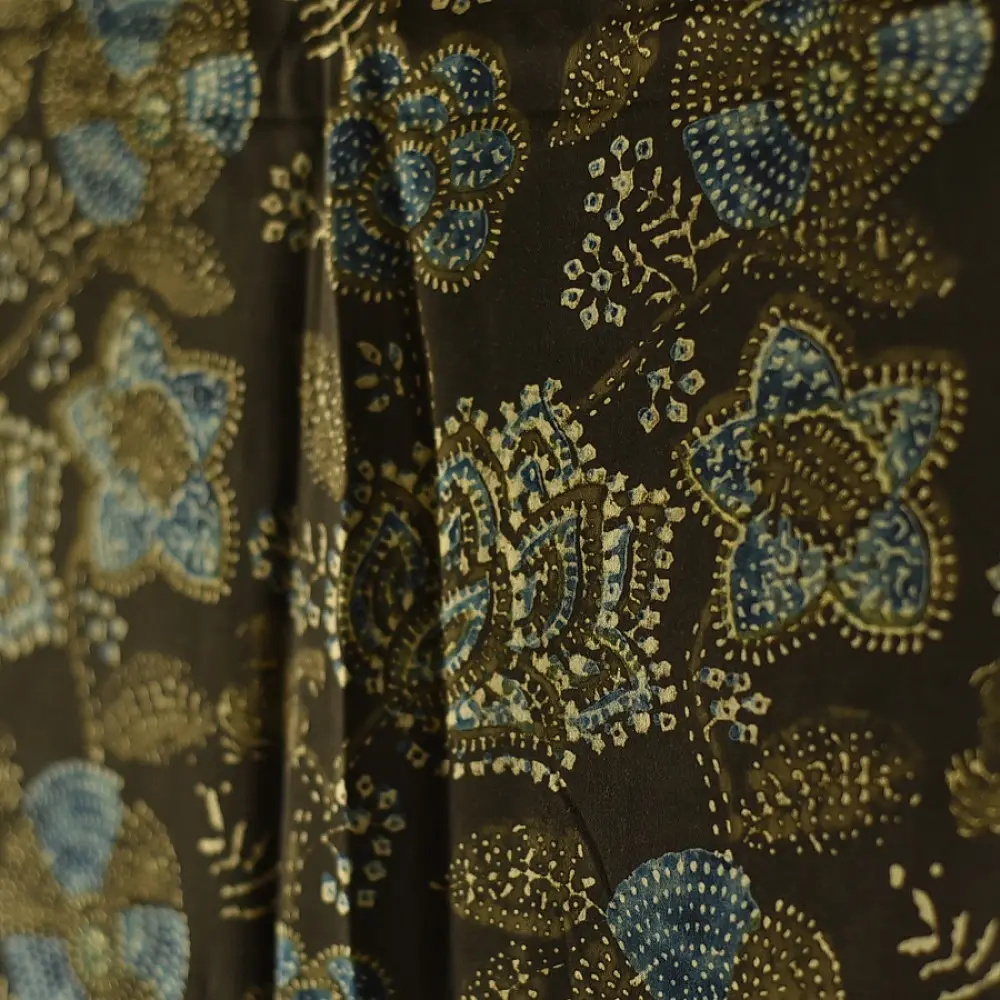 chocolate brown indigo blue ajrakh modal silk dupatta hand block printed floral vine jaal body ornate circular medallion pallu traditional mihrab arched detail wedding festive wear sustainable luxury natural dyed with tassels