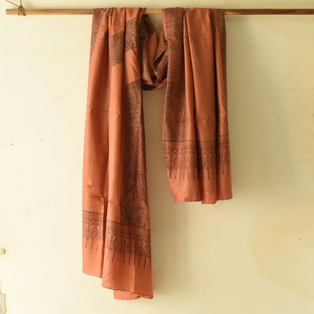 mulberry silk ajrakh dupatta terracotta red black vertical panel block print geometric border hand block printed natural dyed silk dupatta