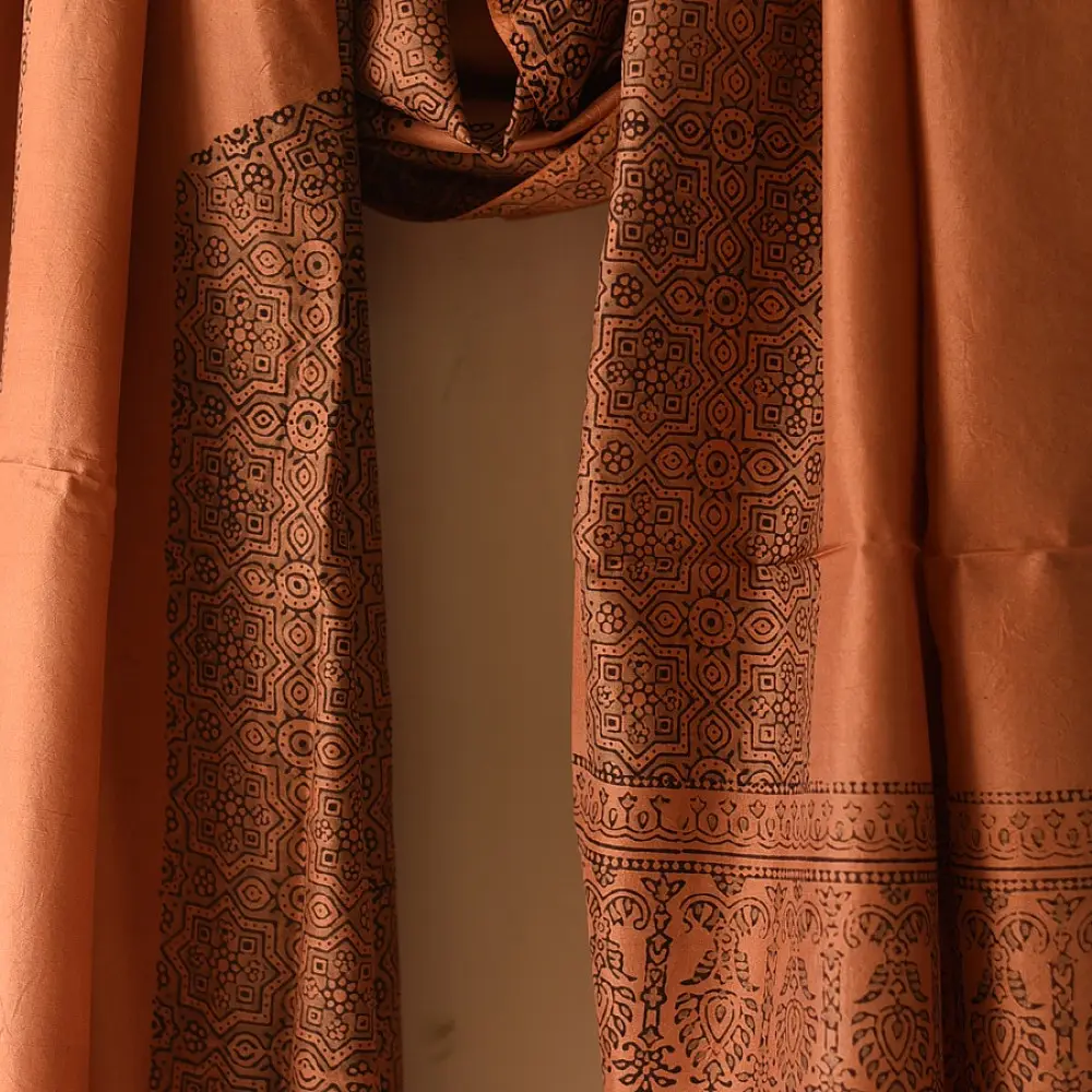 mulberry silk ajrakh dupatta terracotta red black vertical panel block print geometric border hand block printed natural dyed silk dupatta