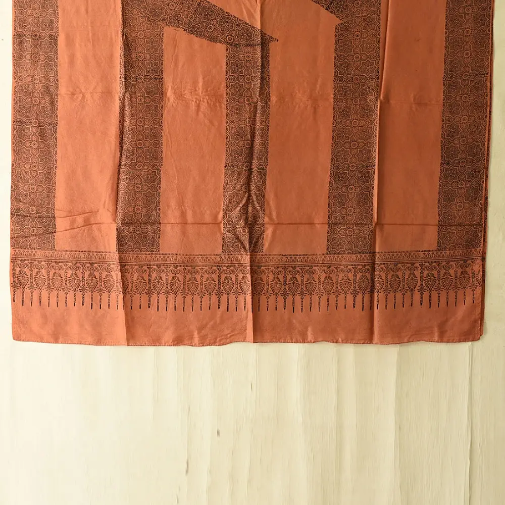 mulberry silk ajrakh dupatta terracotta red black vertical panel block print geometric border hand block printed natural dyed silk dupatta