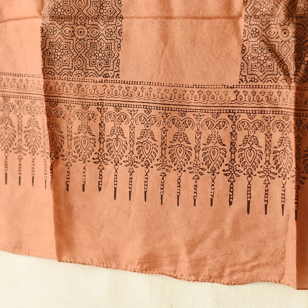 mulberry silk ajrakh dupatta terracotta red black vertical panel block print geometric border hand block printed natural dyed silk dupatta
