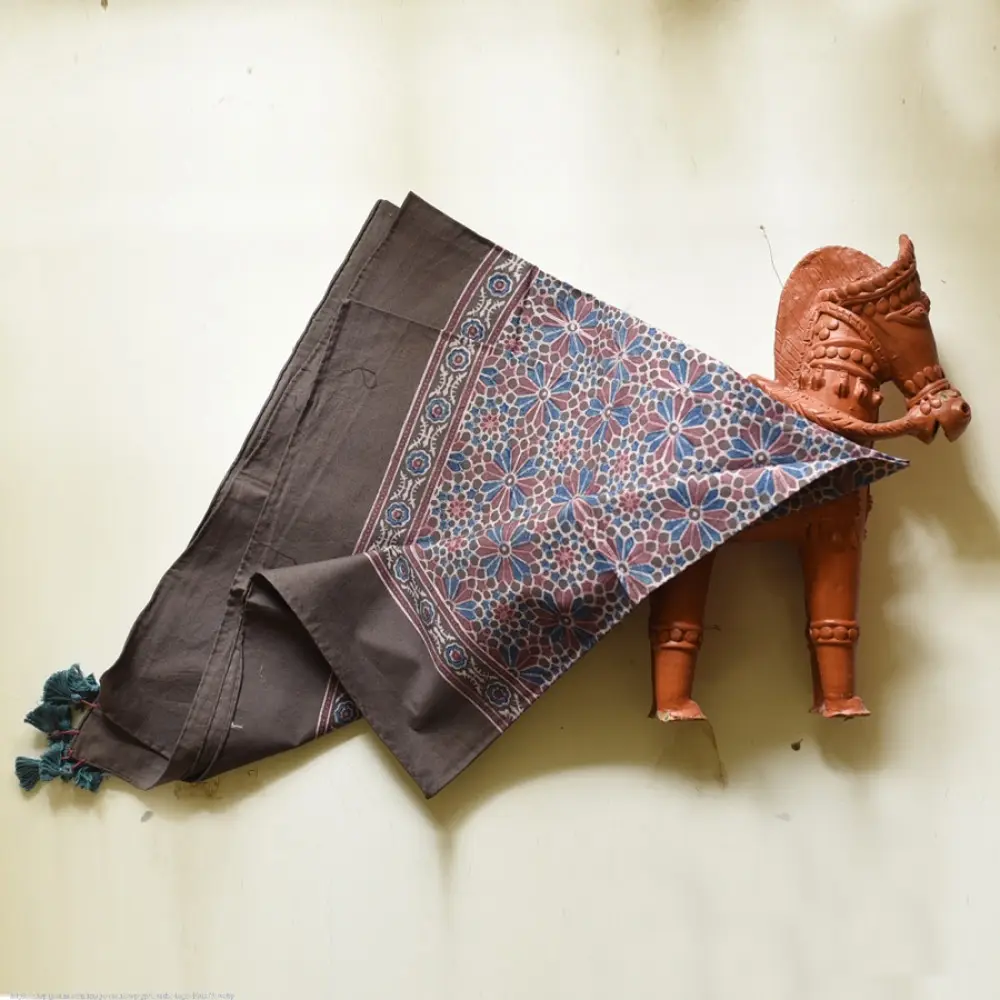 brown ajrakh silk square scarf blue red floral block print hand block printed natural dyed scarf tassels