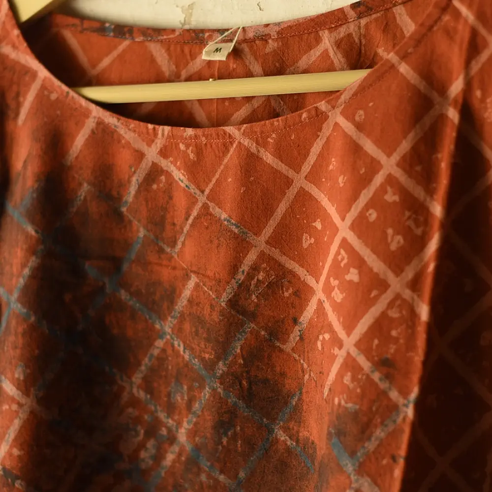 madder red charcoal blue ajrakh cotton top diagonal geometric grid block print hand block printed boxy fit artisanal blouse women sustainable fashion natural dyed