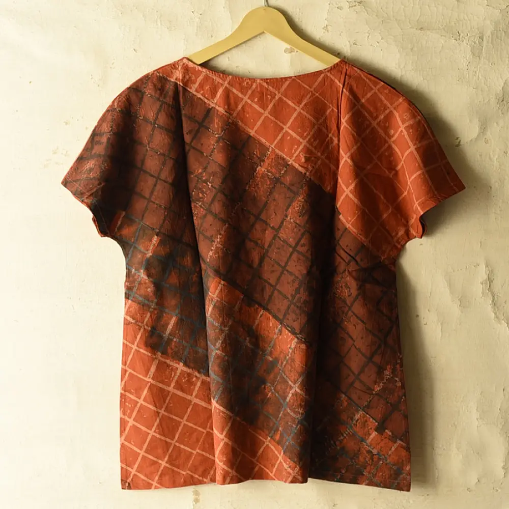 madder red charcoal blue ajrakh cotton top diagonal geometric grid block print hand block printed boxy fit artisanal blouse women sustainable fashion natural dyed