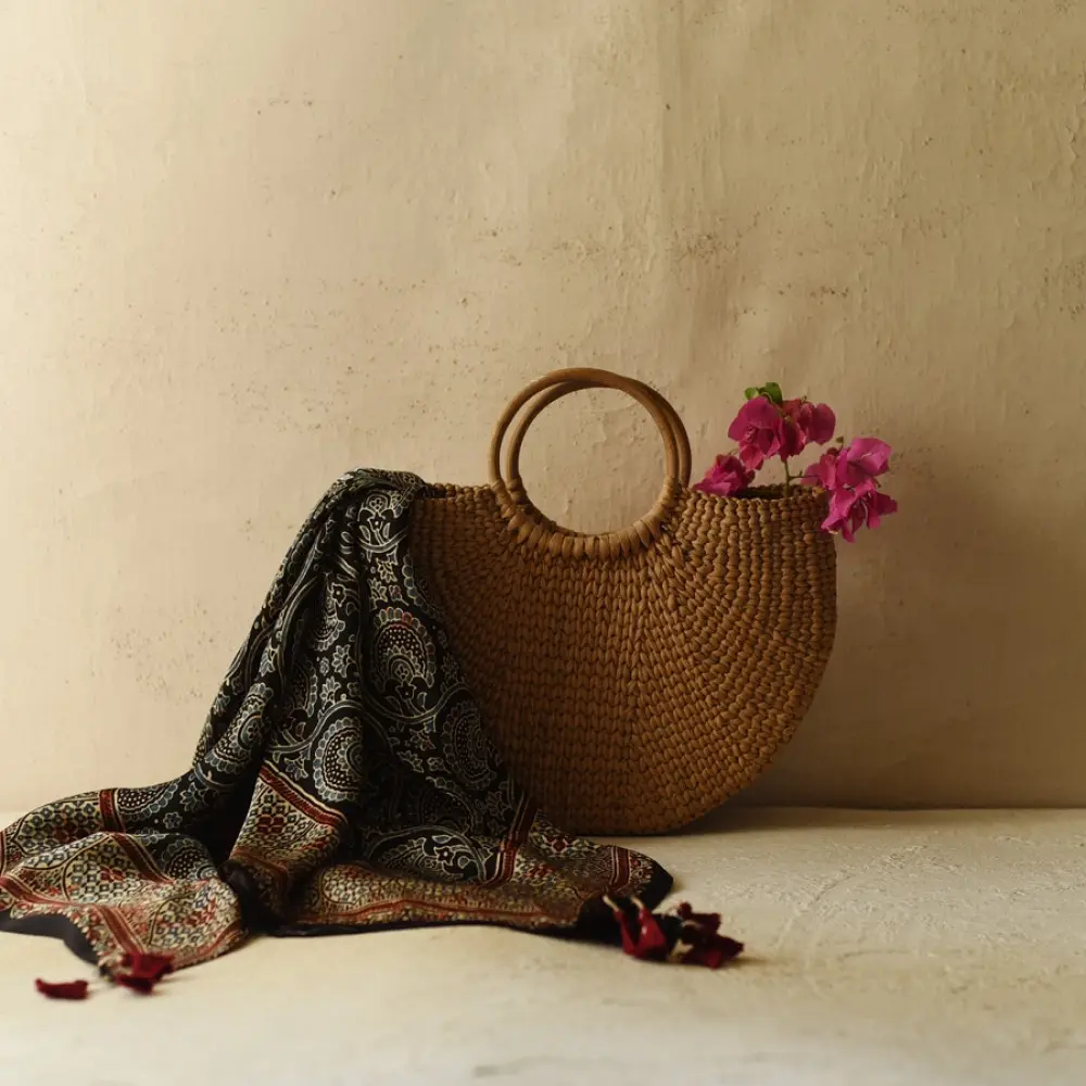 black ajrakh silk square scarf paisley pattern hand block printed rust indigo natural dyed scarf