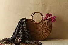 Neelanjana . नीलांजना ~ Ajrakh Black Square Modal Silk Scarf