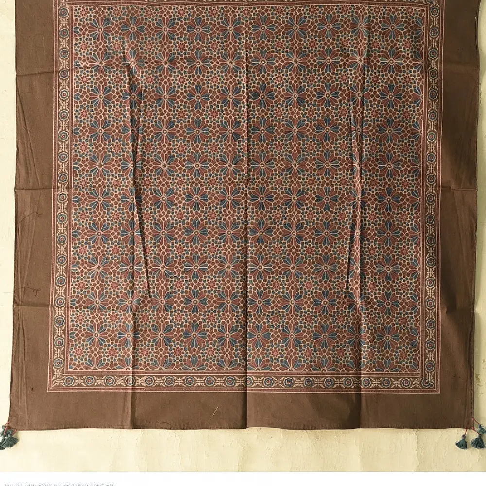 brown ajrakh silk square scarf blue red floral block print hand block printed natural dyed scarf tassels