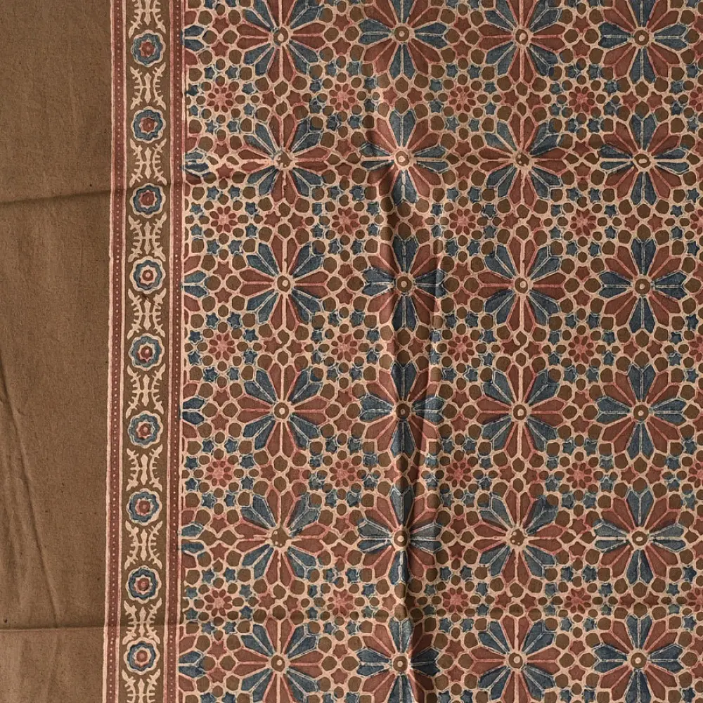 brown ajrakh silk square scarf blue red floral block print hand block printed natural dyed scarf tassels