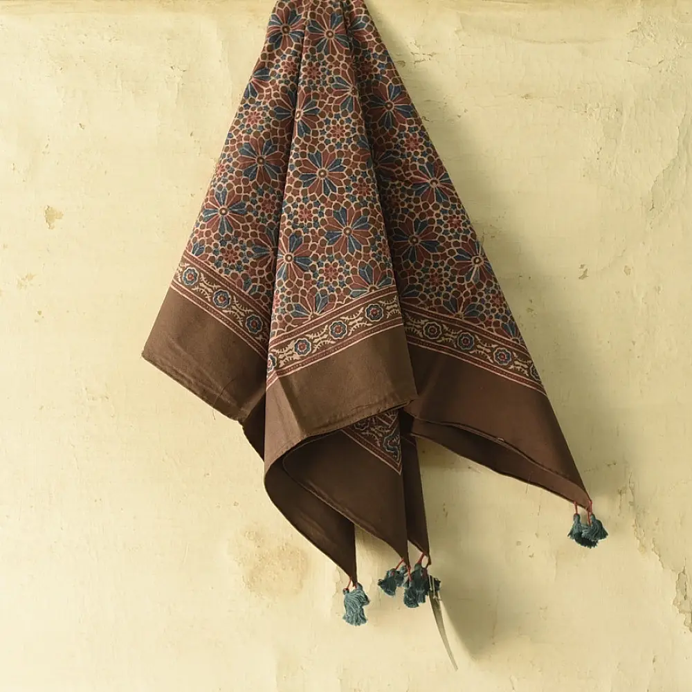 brown ajrakh silk square scarf blue red floral block print hand block printed natural dyed scarf tassels