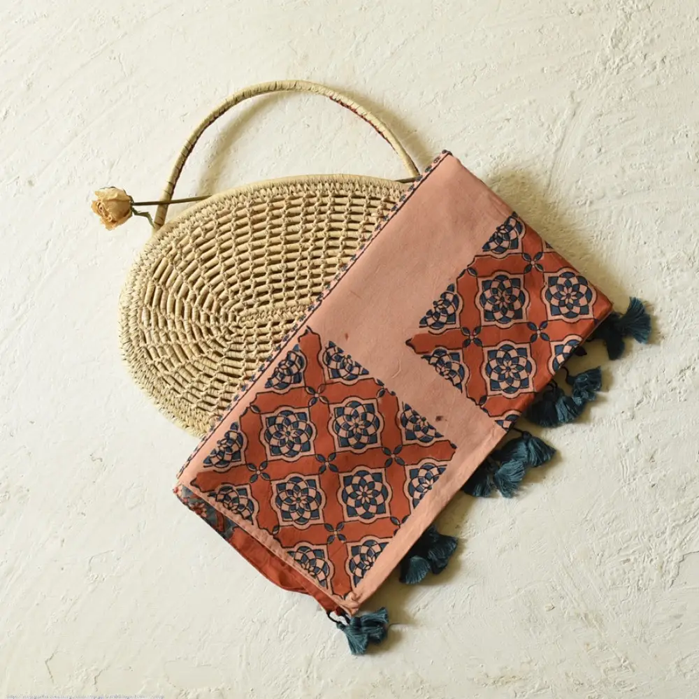 terracotta peach indigo blue ajrakh cotton stole hand block printed patchwork floral buta body ornate geometric mandala border traditional artisanal scarf sustainable fashion natural dyed with tassels