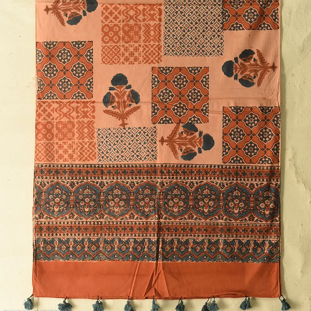 terracotta peach indigo blue ajrakh cotton stole hand block printed patchwork floral buta body ornate geometric mandala border traditional artisanal scarf sustainable fashion natural dyed with tassels