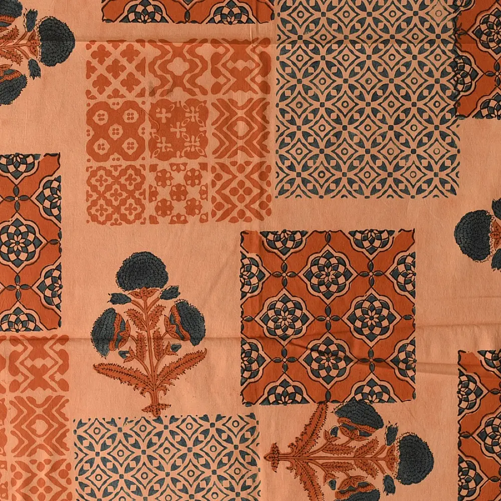 terracotta peach indigo blue ajrakh cotton stole hand block printed patchwork floral buta body ornate geometric mandala border traditional artisanal scarf sustainable fashion natural dyed with tassels