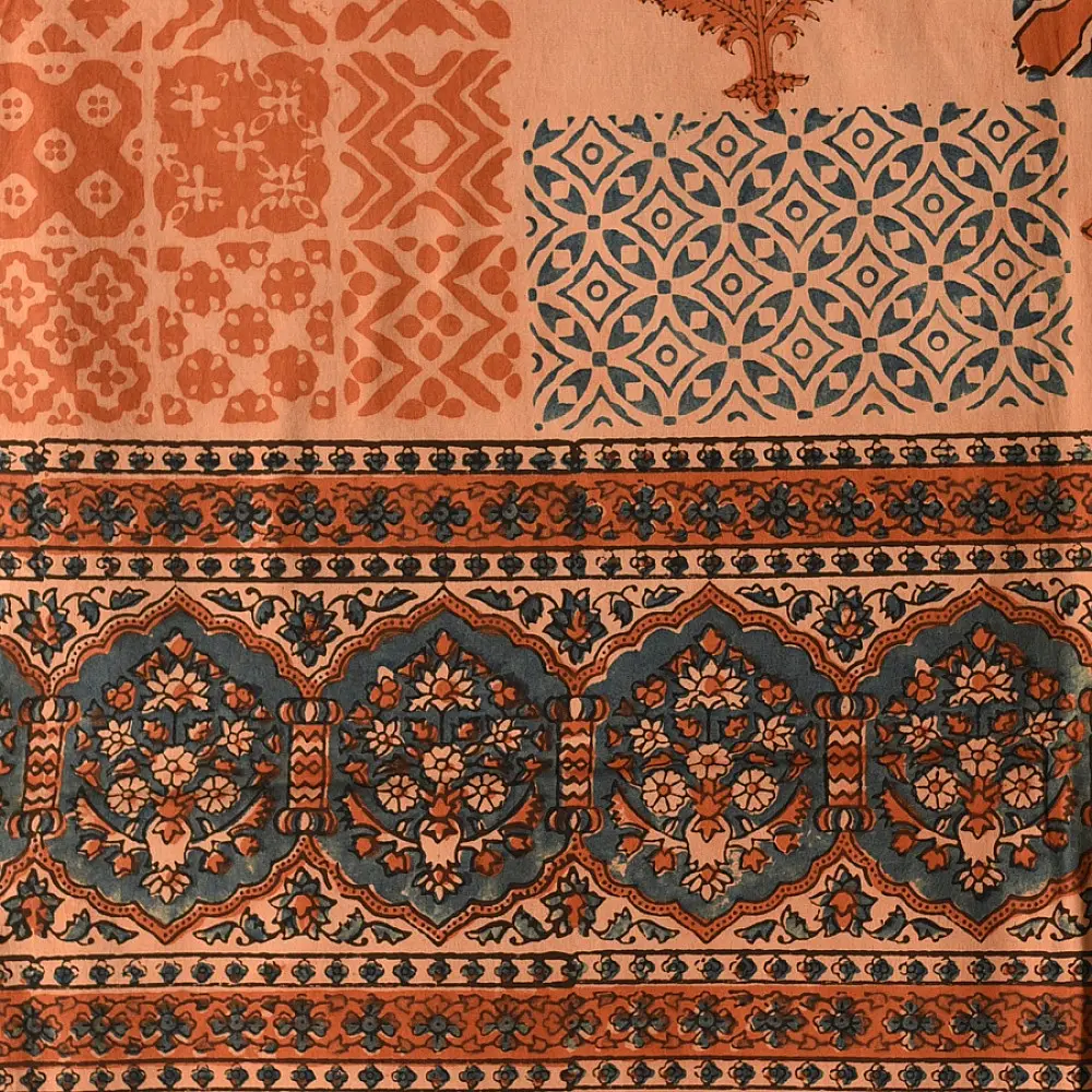 terracotta peach indigo blue ajrakh cotton stole hand block printed patchwork floral buta body ornate geometric mandala border traditional artisanal scarf sustainable fashion natural dyed with tassels