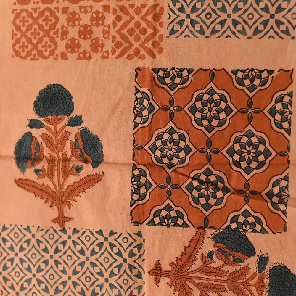 terracotta peach indigo blue ajrakh cotton stole hand block printed patchwork floral buta body ornate geometric mandala border traditional artisanal scarf sustainable fashion natural dyed with tassels