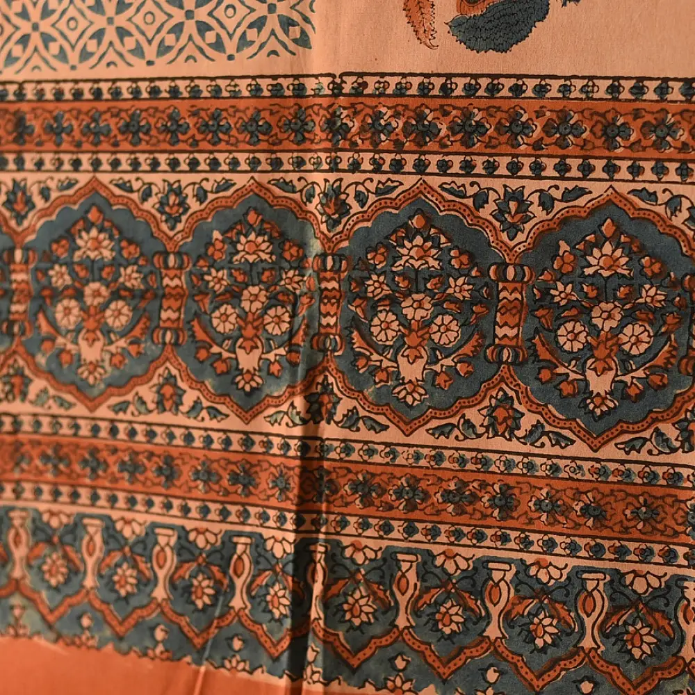 terracotta peach indigo blue ajrakh cotton stole hand block printed patchwork floral buta body ornate geometric mandala border traditional artisanal scarf sustainable fashion natural dyed with tassels