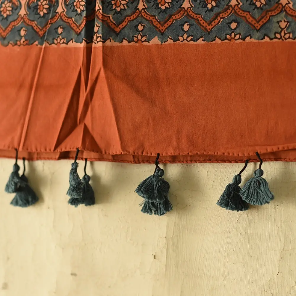 terracotta peach indigo blue ajrakh cotton stole hand block printed patchwork floral buta body ornate geometric mandala border traditional artisanal scarf sustainable fashion natural dyed with tassels