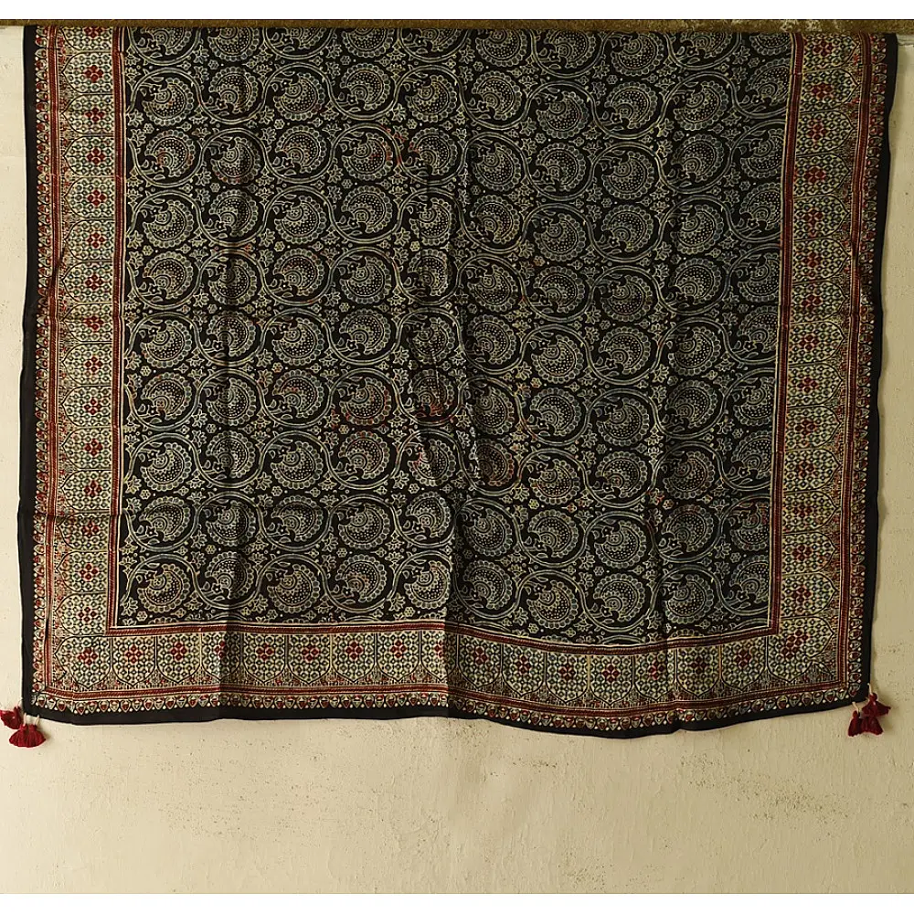 black ajrakh silk square scarf paisley pattern hand block printed rust indigo natural dyed scarf