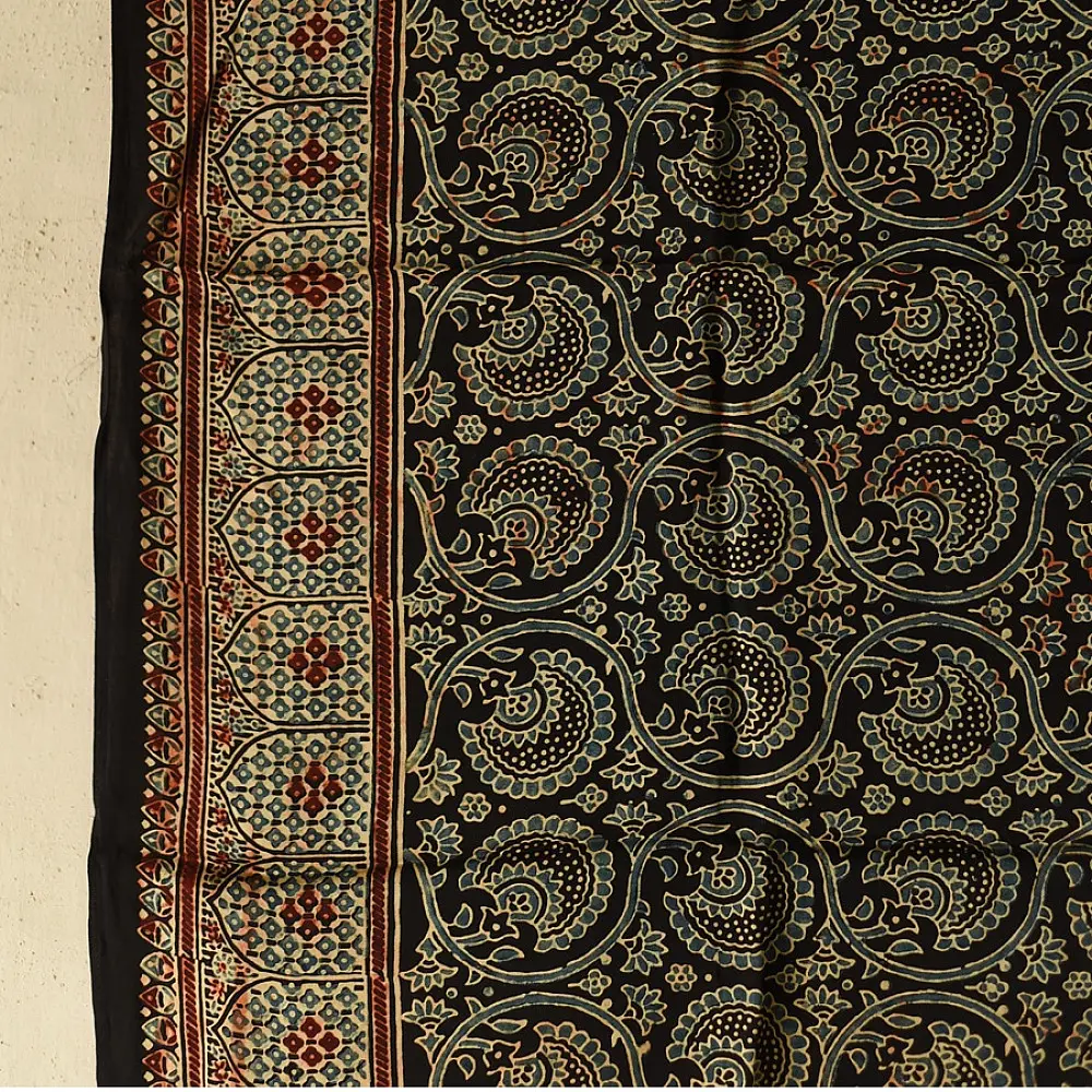 black ajrakh silk square scarf paisley pattern hand block printed rust indigo natural dyed scarf