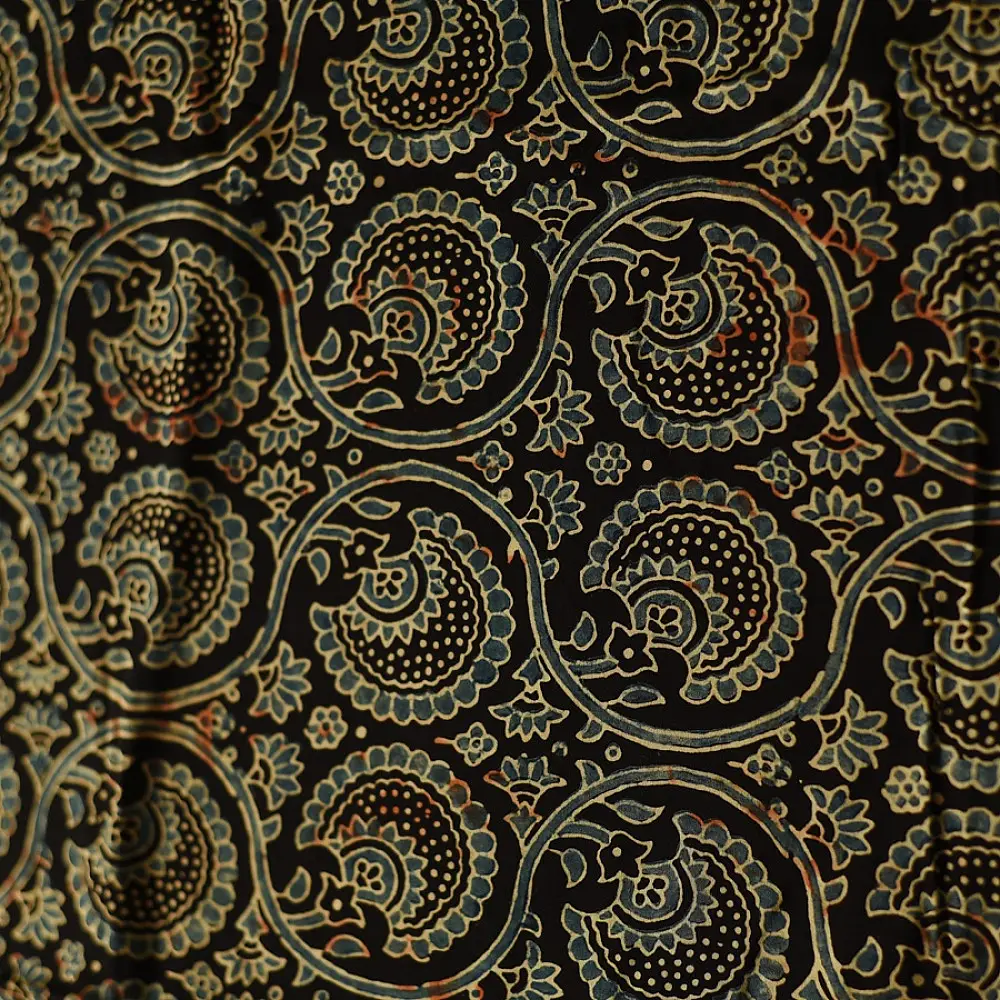 black ajrakh silk square scarf paisley pattern hand block printed rust indigo natural dyed scarf