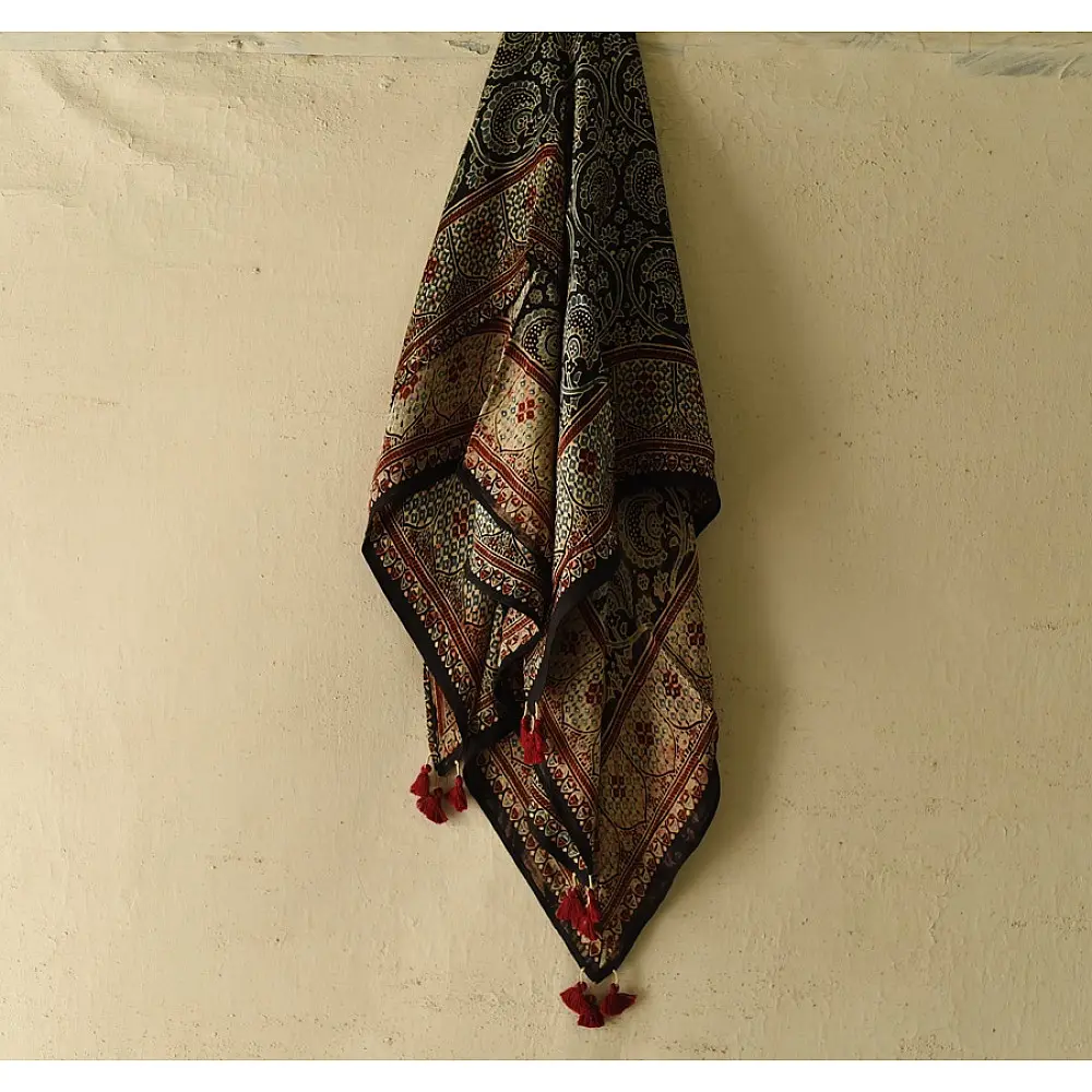 black ajrakh silk square scarf paisley pattern hand block printed rust indigo natural dyed scarf