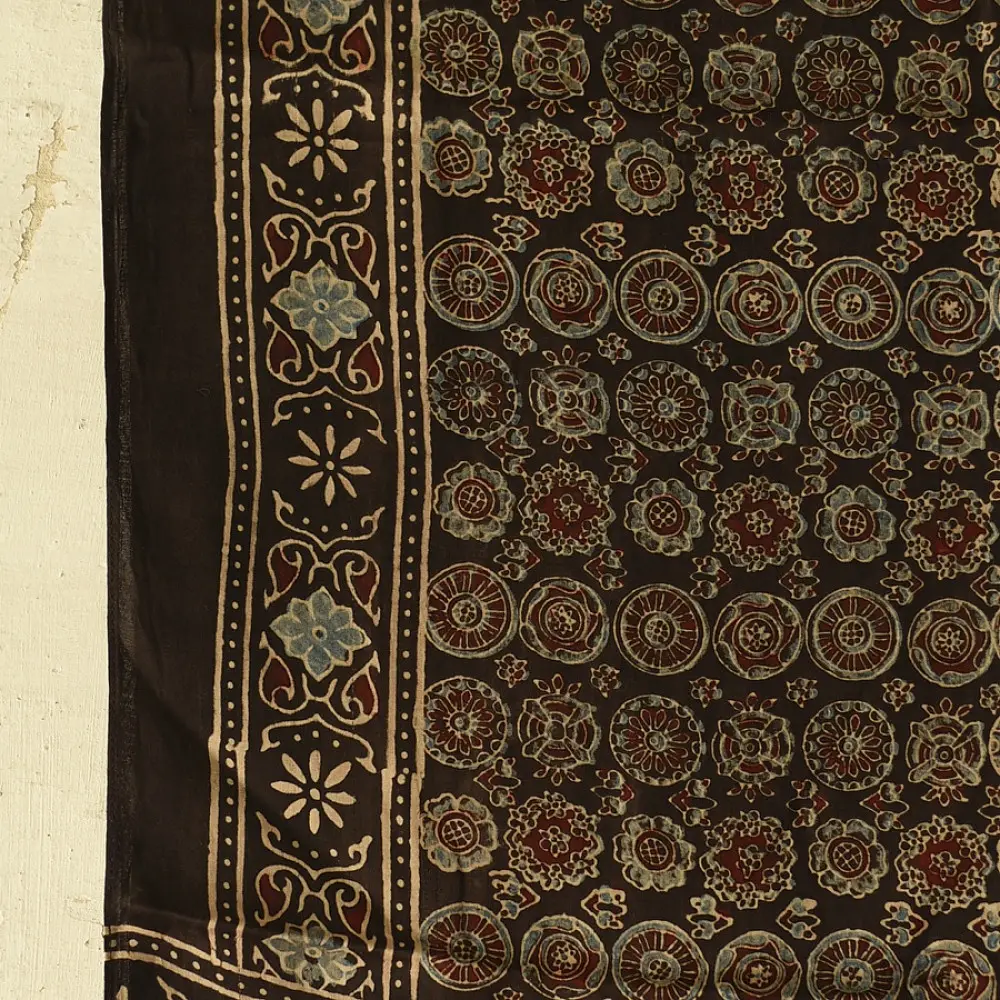 chocolate brown indigo madder red ajrakh modal silk dupatta hand block printed floral medallion jaal body ornate circular medallion pallu traditional mihrab arched detail wedding festive wear sustainable luxury natural dyed with tassels