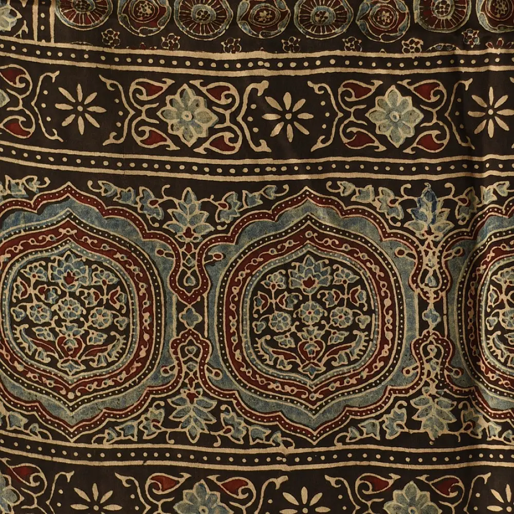 chocolate brown indigo madder red ajrakh modal silk dupatta hand block printed floral medallion jaal body ornate circular medallion pallu traditional mihrab arched detail wedding festive wear sustainable luxury natural dyed with tassels