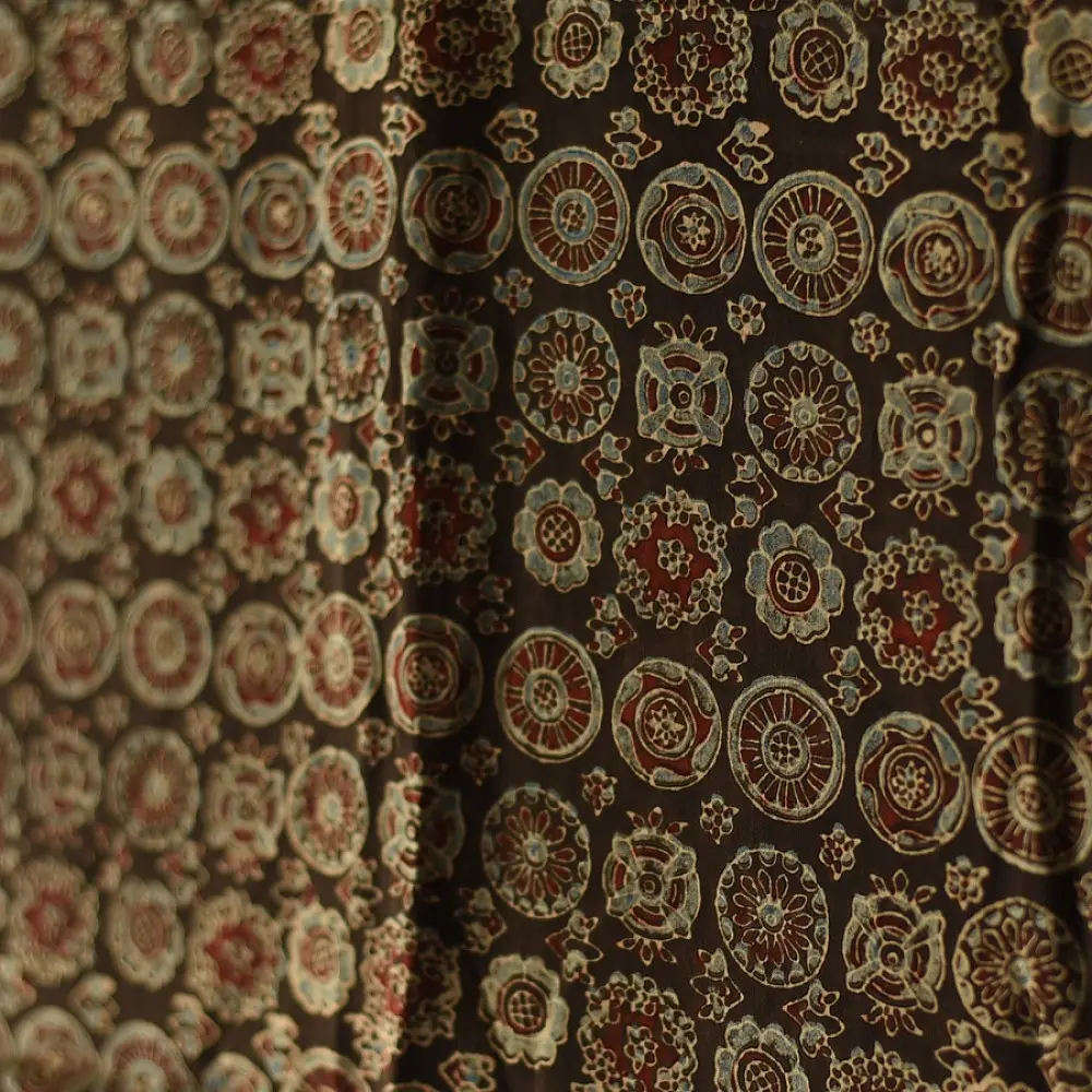 chocolate brown indigo madder red ajrakh modal silk dupatta hand block printed floral medallion jaal body ornate circular medallion pallu traditional mihrab arched detail wedding festive wear sustainable luxury natural dyed with tassels