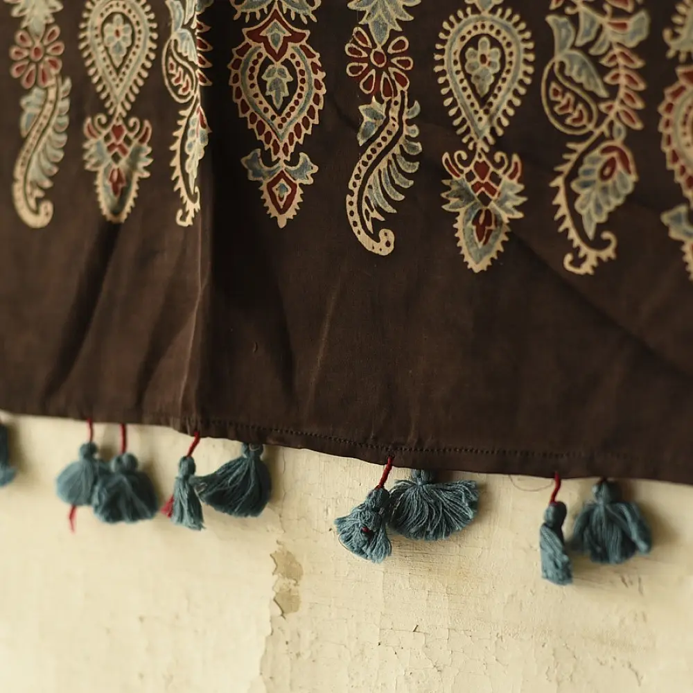 chocolate brown indigo madder red ajrakh modal silk dupatta hand block printed floral medallion jaal body ornate circular medallion pallu traditional mihrab arched detail wedding festive wear sustainable luxury natural dyed with tassels