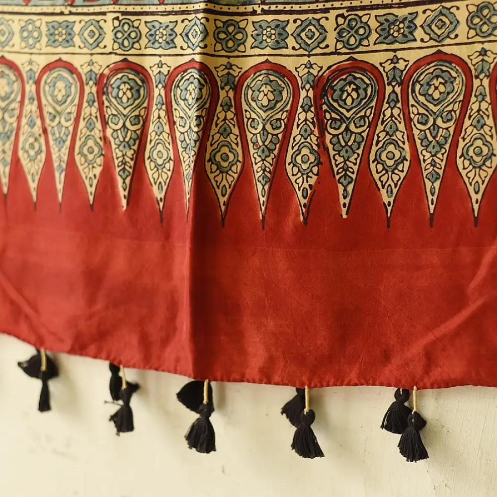 mulberry silk ajrakh dupatta madder red indigo blue interlocking geometric floral jaal block print large teardrop paisley minaret palla hand block printed natural dyed silk dupatta