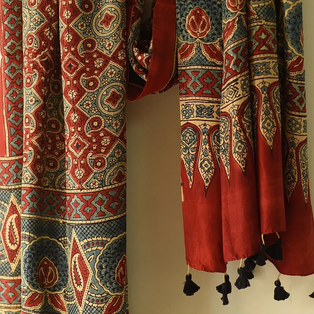 mulberry silk ajrakh dupatta madder red indigo blue interlocking geometric floral jaal block print large teardrop paisley minaret palla hand block printed natural dyed silk dupatta