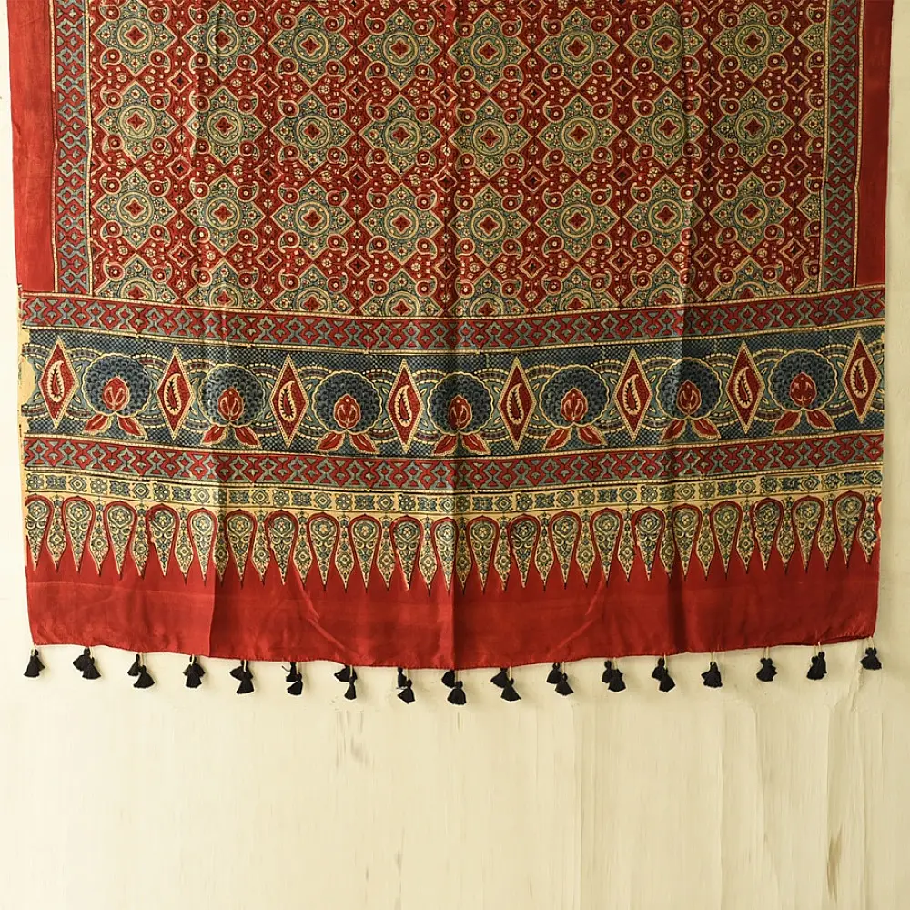 mulberry silk ajrakh dupatta madder red indigo blue interlocking geometric floral jaal block print large teardrop paisley minaret palla hand block printed natural dyed silk dupatta