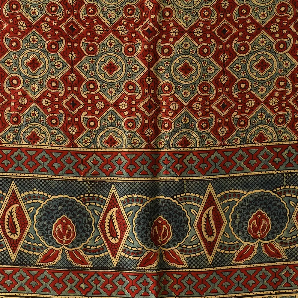 mulberry silk ajrakh dupatta madder red indigo blue interlocking geometric floral jaal block print large teardrop paisley minaret palla hand block printed natural dyed silk dupatta