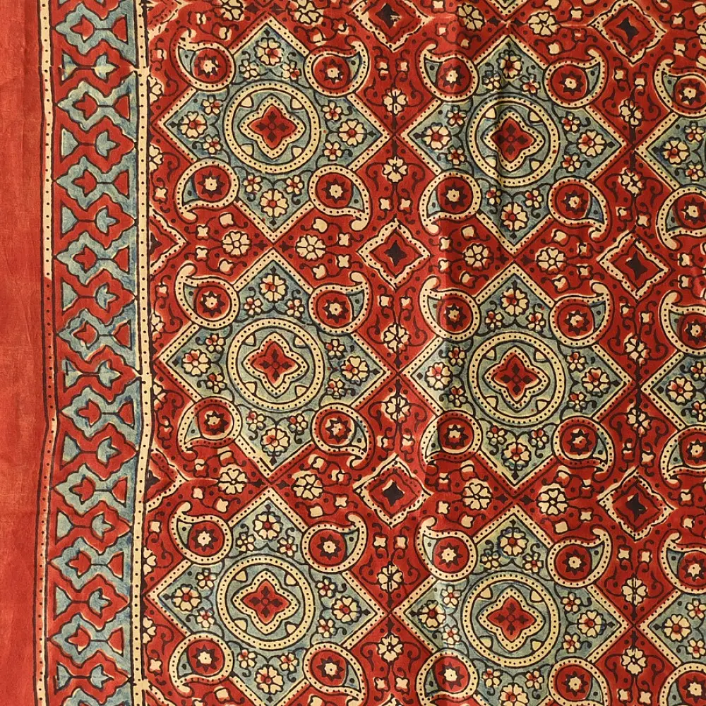 mulberry silk ajrakh dupatta madder red indigo blue interlocking geometric floral jaal block print large teardrop paisley minaret palla hand block printed natural dyed silk dupatta