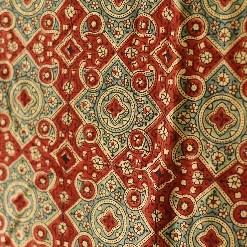 mulberry silk ajrakh dupatta madder red indigo blue interlocking geometric floral jaal block print large teardrop paisley minaret palla hand block printed natural dyed silk dupatta