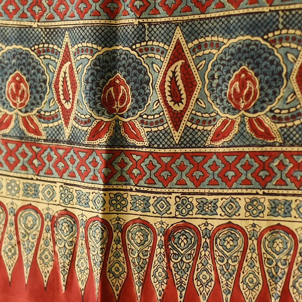 mulberry silk ajrakh dupatta madder red indigo blue interlocking geometric floral jaal block print large teardrop paisley minaret palla hand block printed natural dyed silk dupatta
