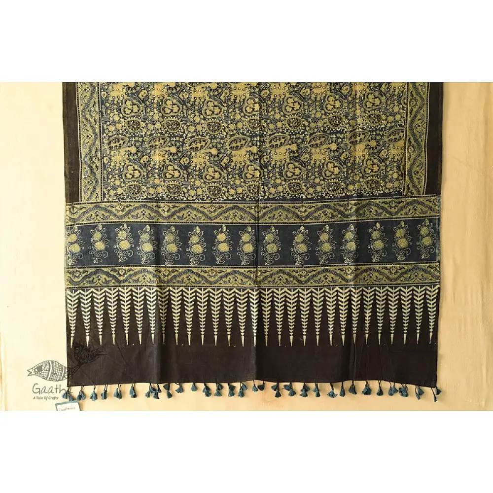 Yellow and Indigo Ajrakh cotton dupatta with intricate hand block detailing