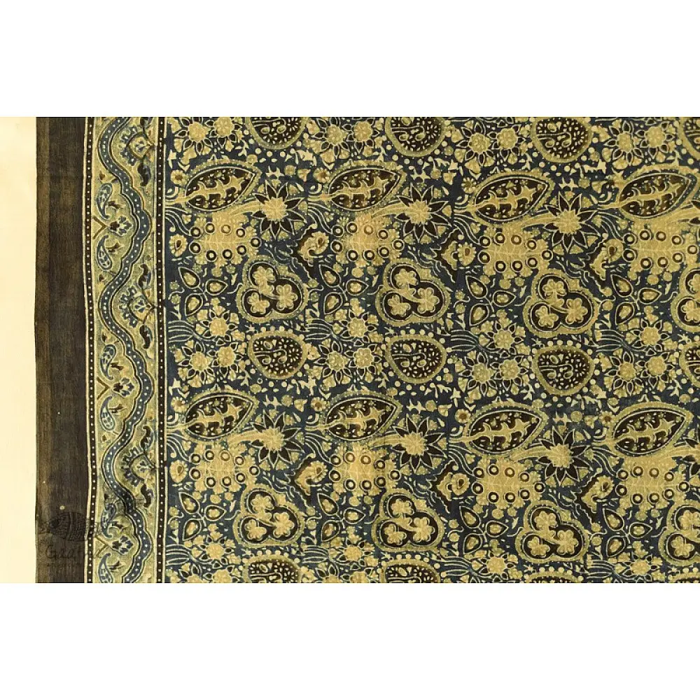 Yellow and Indigo Ajrakh cotton dupatta with intricate hand block detailing