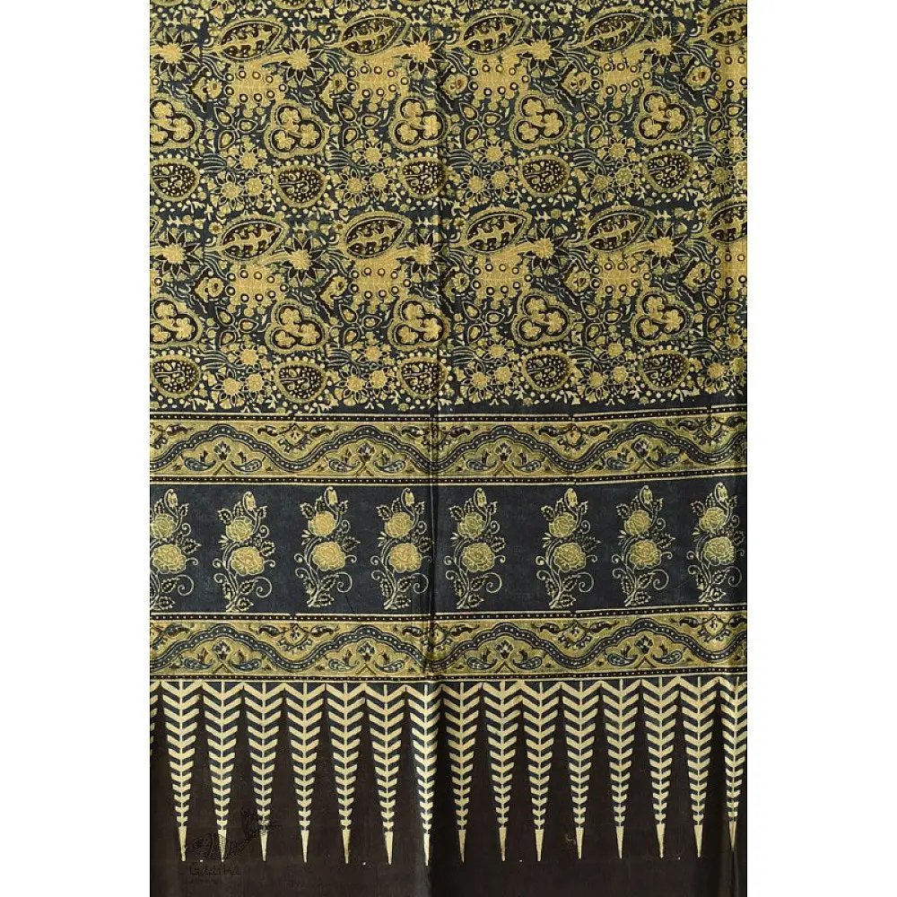 Yellow and Indigo Ajrakh cotton dupatta with intricate hand block detailing