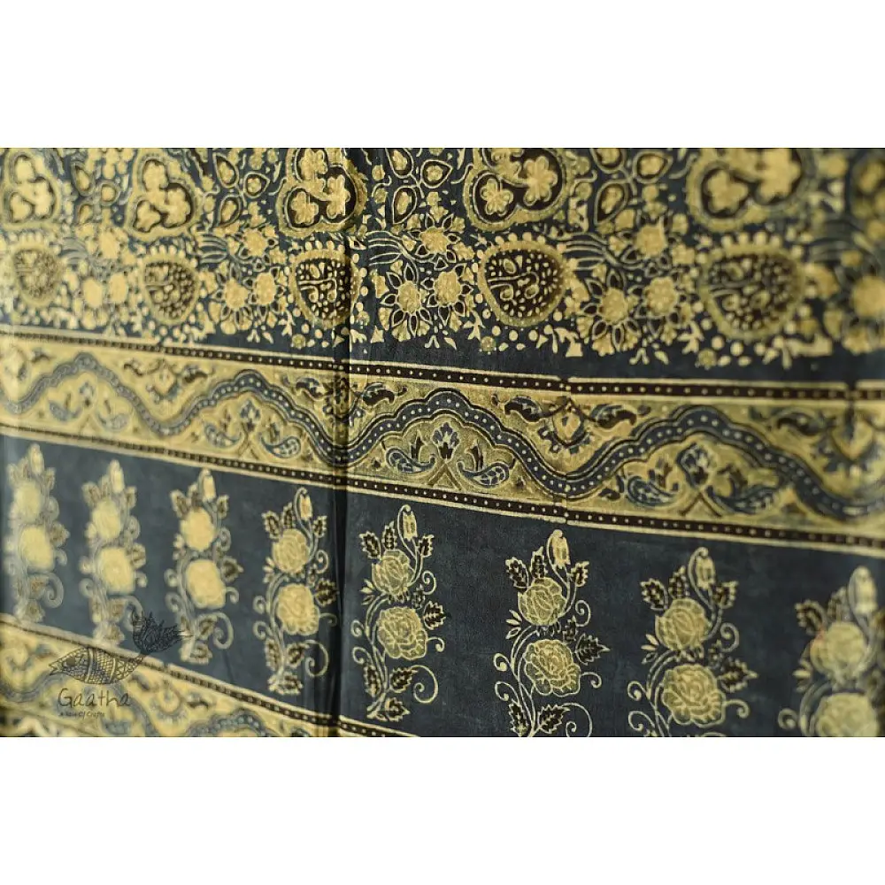 Yellow and Indigo Ajrakh cotton dupatta with intricate hand block detailing