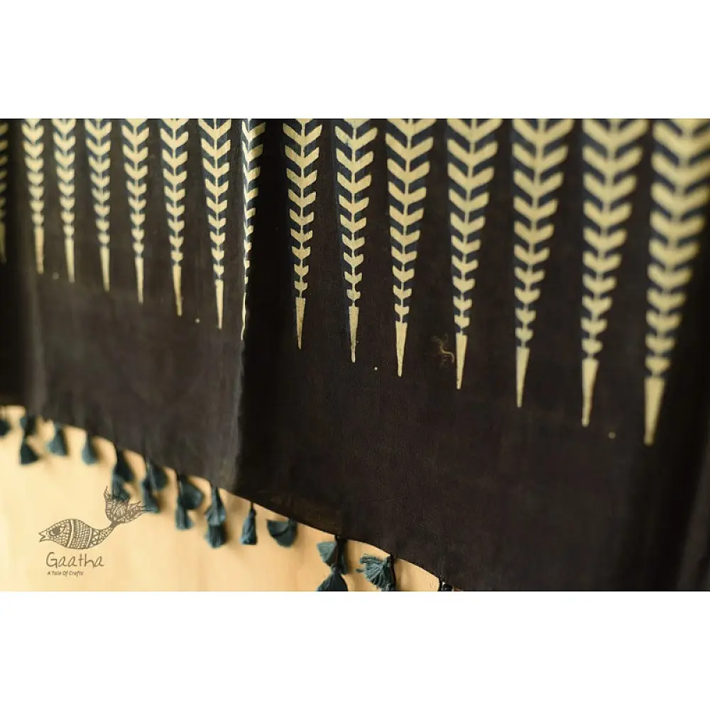 Yellow and Indigo Ajrakh cotton dupatta with intricate hand block detailing