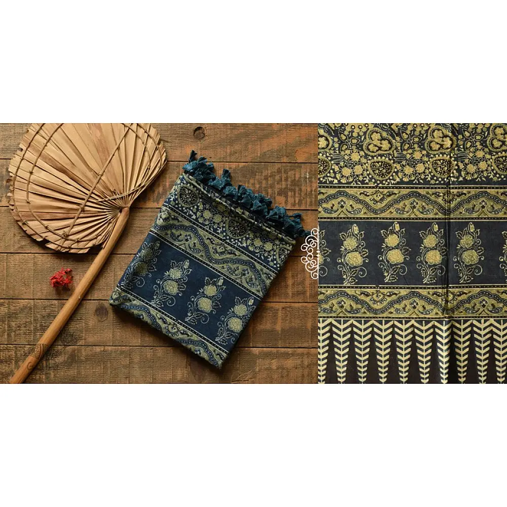 Yellow and Indigo Ajrakh cotton dupatta with intricate hand block detailing