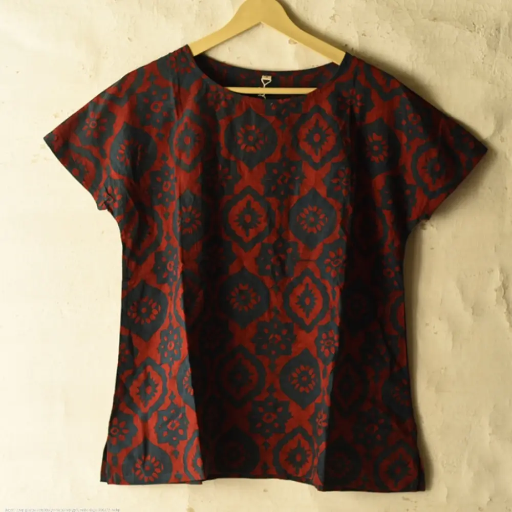 deep indigo blue and madder red ajrakh cotton top geometric diamond jaal block print hand block printed boxy fit artisanal blouse women sustainable fashion natural dyed