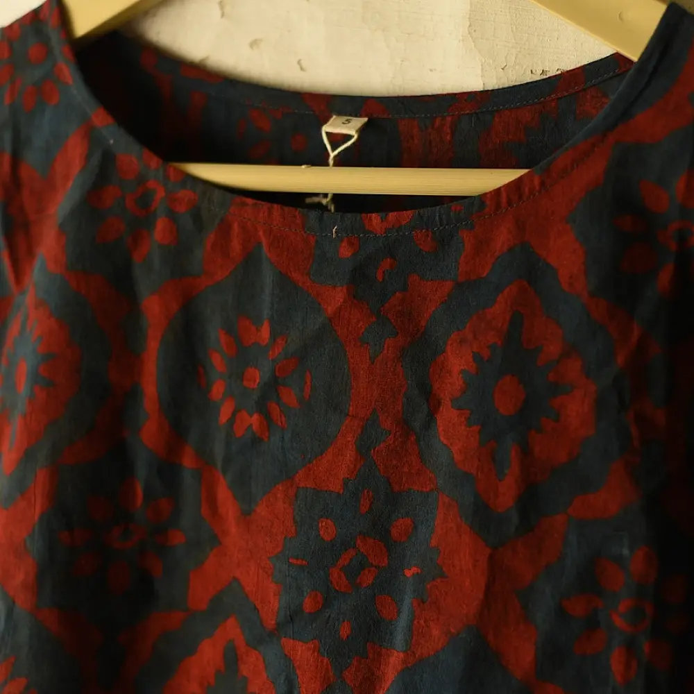deep indigo blue and madder red ajrakh cotton top geometric diamond jaal block print hand block printed boxy fit artisanal blouse women sustainable fashion natural dyed