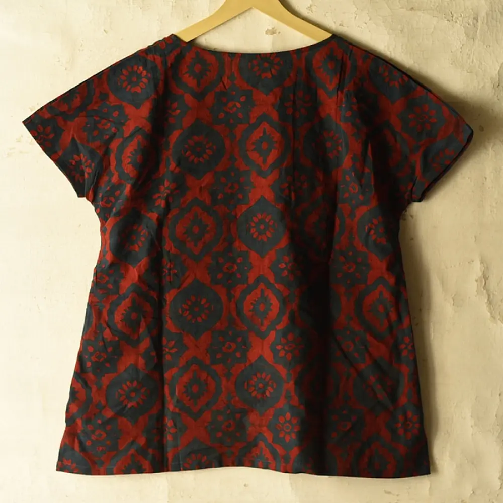 deep indigo blue and madder red ajrakh cotton top geometric diamond jaal block print hand block printed boxy fit artisanal blouse women sustainable fashion natural dyed