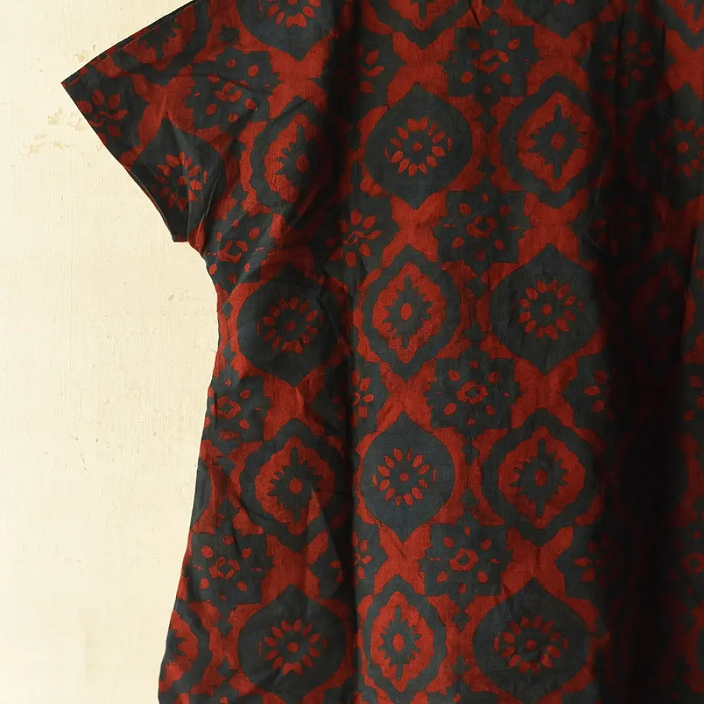 deep indigo blue and madder red ajrakh cotton top geometric diamond jaal block print hand block printed boxy fit artisanal blouse women sustainable fashion natural dyed