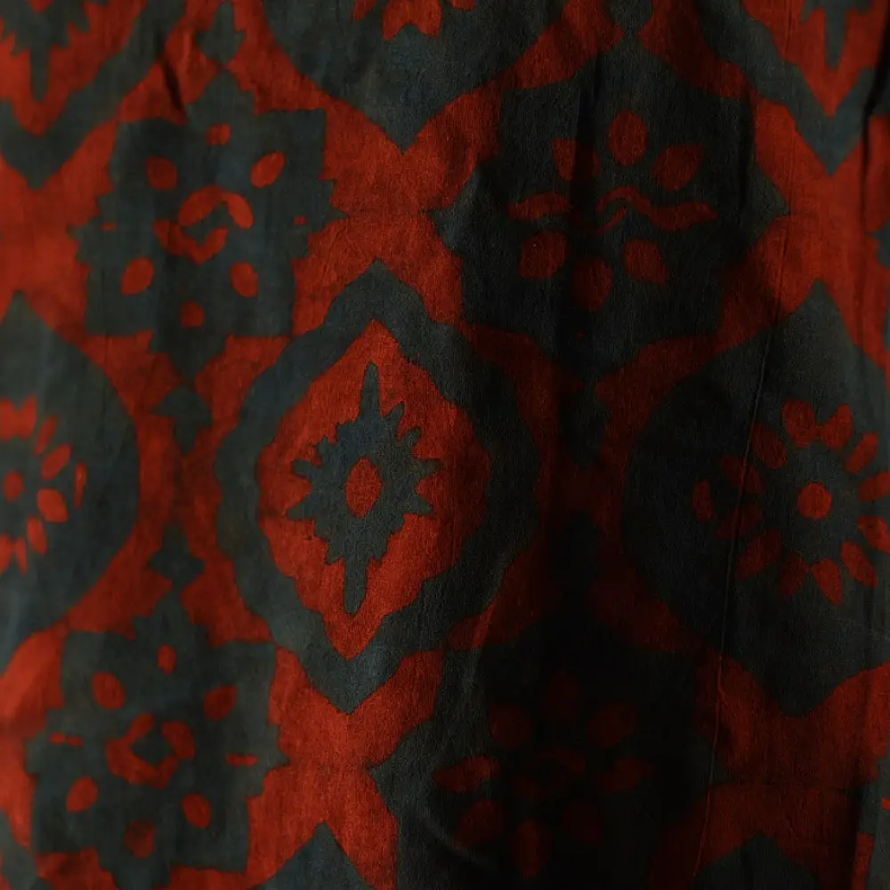 deep indigo blue and madder red ajrakh cotton top geometric diamond jaal block print hand block printed boxy fit artisanal blouse women sustainable fashion natural dyed