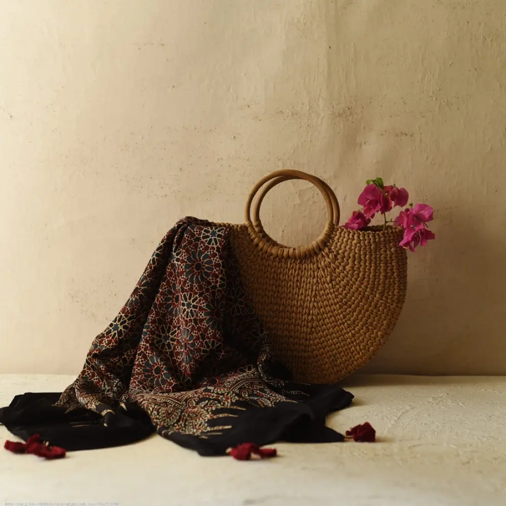 black ajrakh silk square scarf hand block printed rust indigo geometric pattern tassel scarf