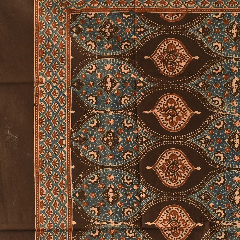 Square Ajrakh cotton scarf featuring hand-block printed teardrop motifs in natural indigo and madder red on a deep brown base.